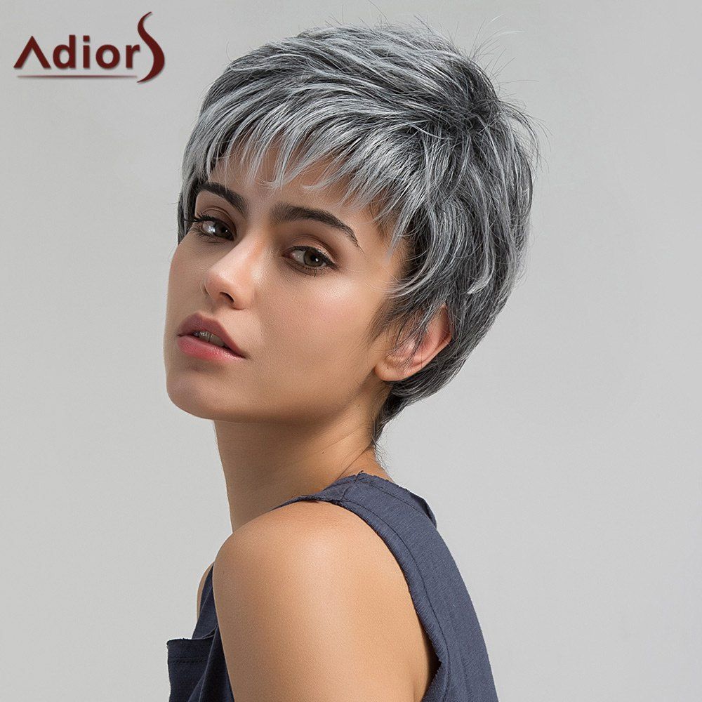 

Adiors Short Side Bang Layered Shaggy Straight Pixie Synthetic Wig, Colormix