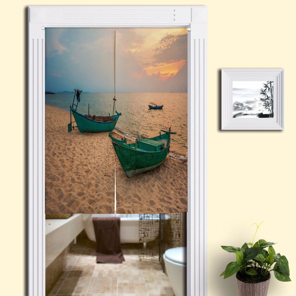 Beach Boat Print Fabric Bathroom Door Curtain, Sand yellow 
Beach Boat Print Fabric Bathroom Door Curtain, Sand yellow