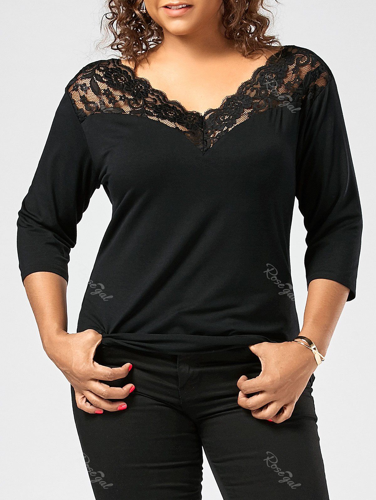 Plus Size Lace Panel V Neck T-shirt, Black