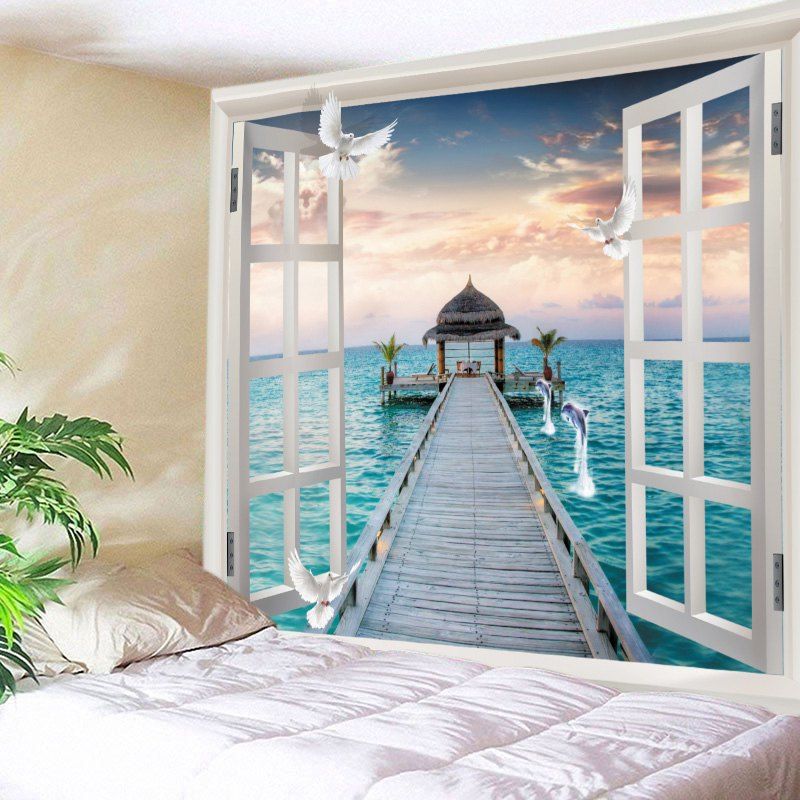 

Window Sea Bridge Print Tapestry Wall Hanging Art Decoration, Ocean blue