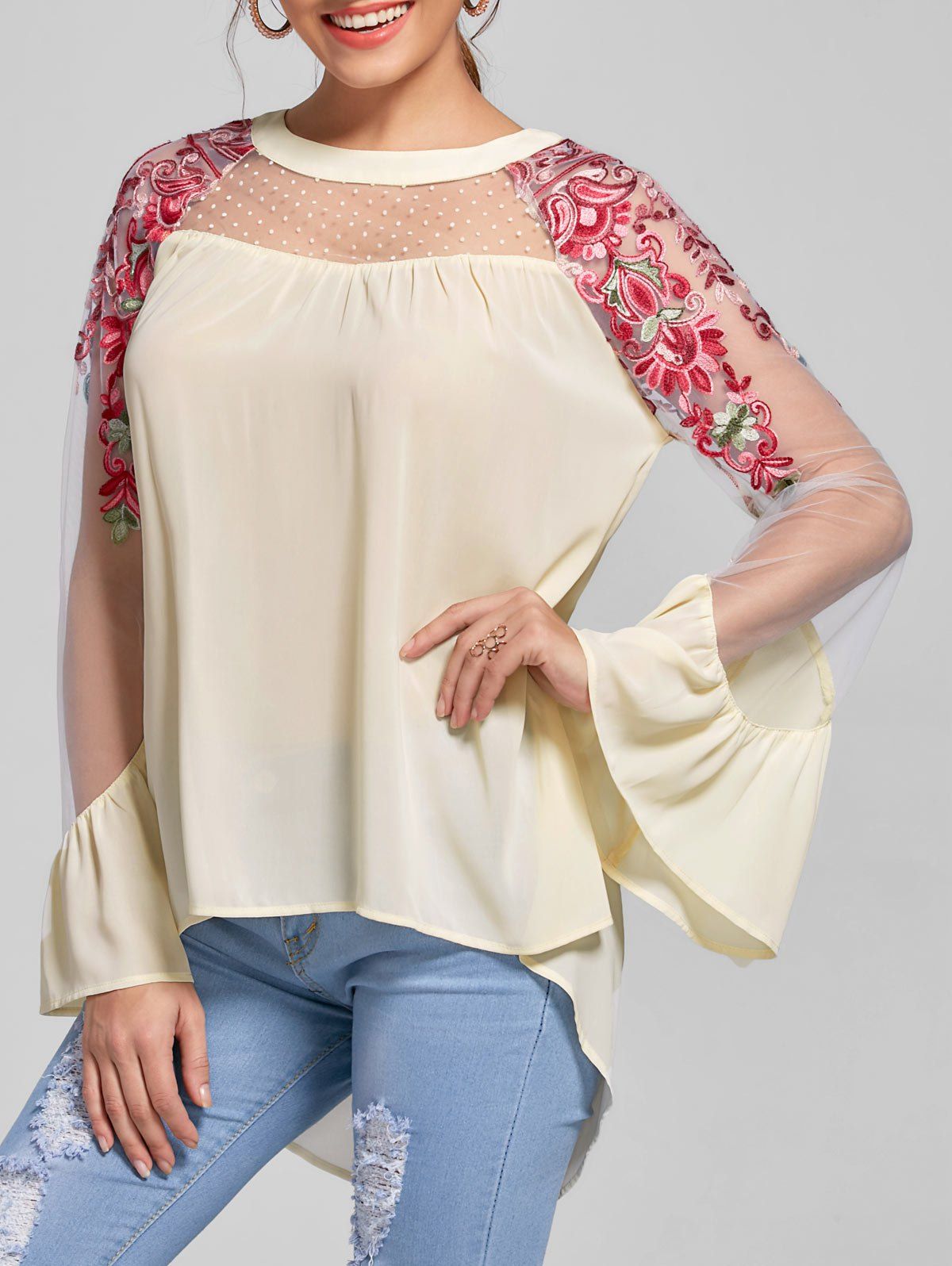 31 OFF Embroidery Flare Sleeve High Low Blouse Rosegal