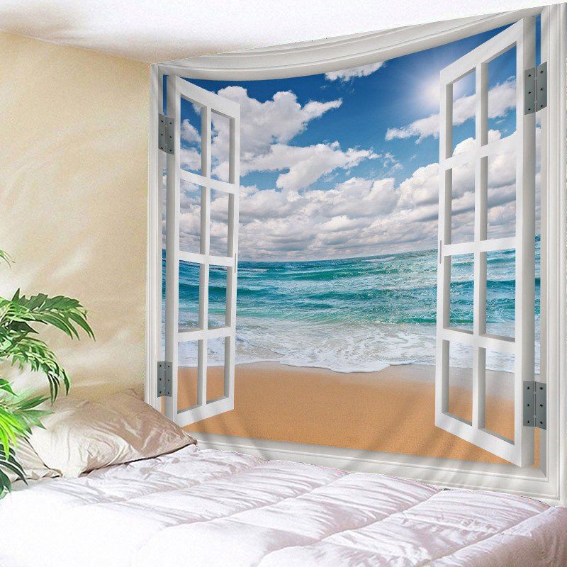 Waterproof Faux Window Beach Print Wall Tapestry, Colormix