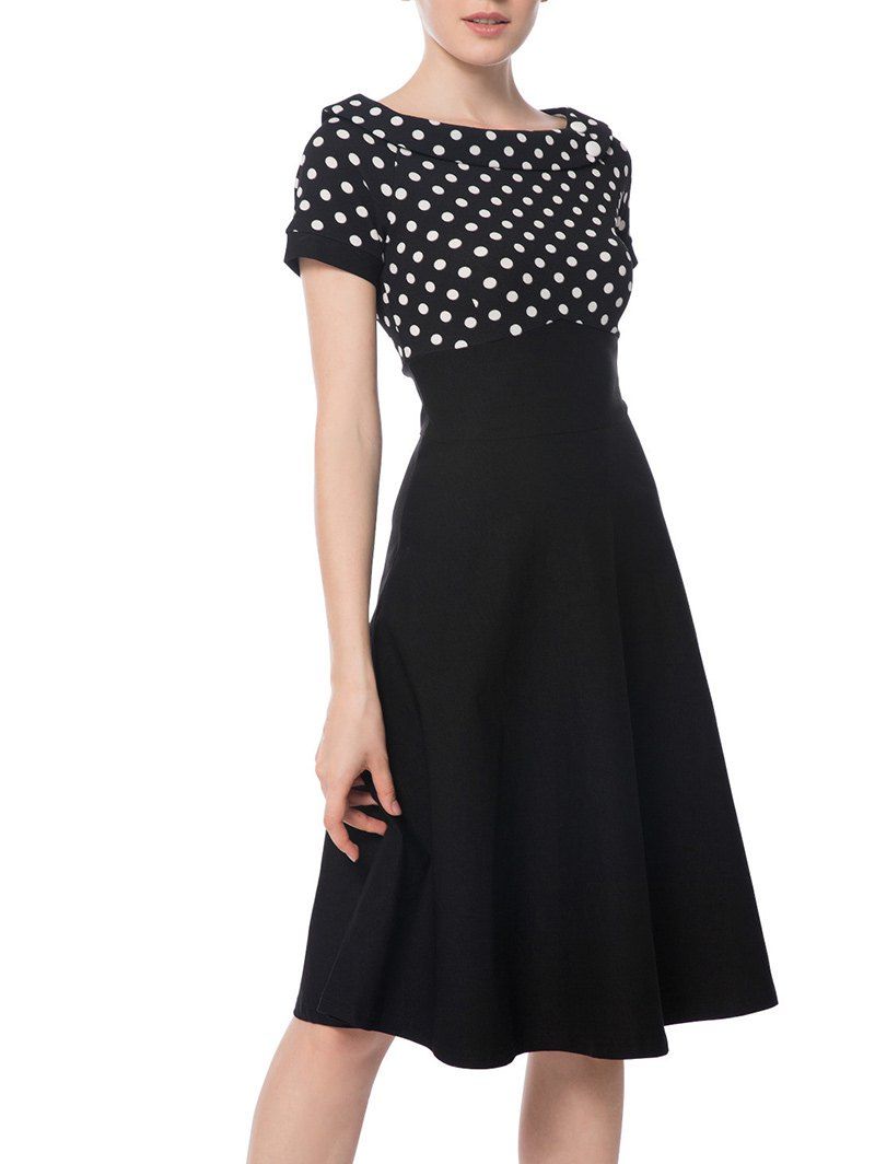 16 OFF Boat Neck Polka Dot Empire Waist Dress Rosegal