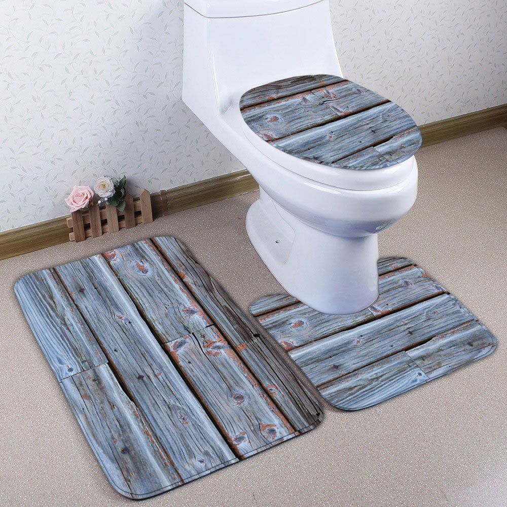 

Wood Grain Print 3Pcs Toilet Bath Rug Set, Blue gray