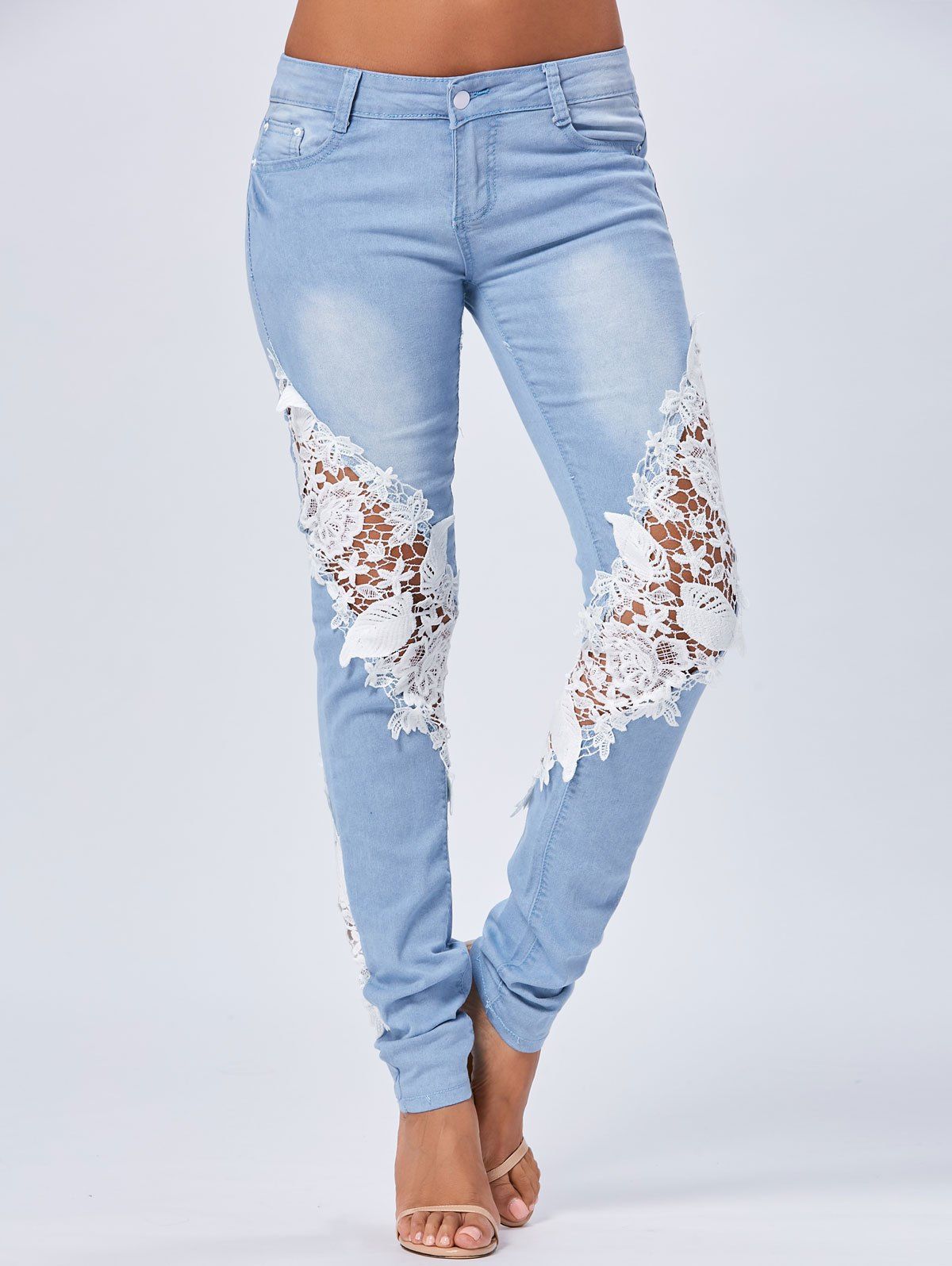 Off Lace Insert Straight Jeans Rosegal