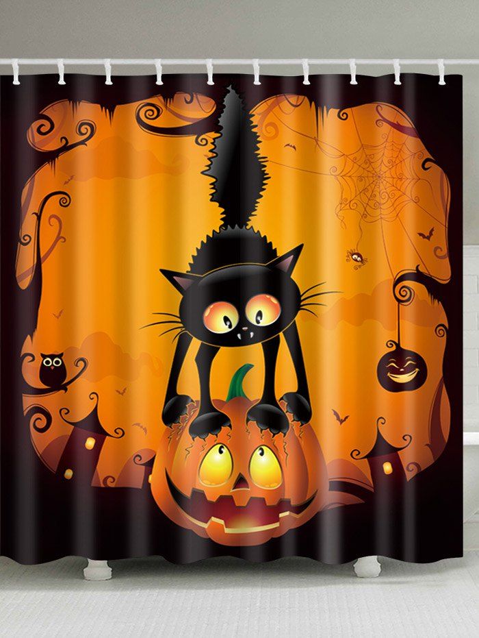 

Halloween Pumpkin Cat Print Fabric Waterproof Bathroom Shower Curtain, Colormix