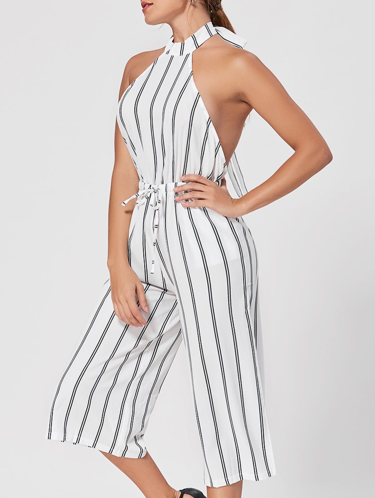 Off Striped Backless Capri Wide Leg Jumpsuit Rosegal