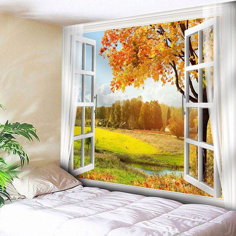 Window Scenery Tree Printed Wall Tapestry, Yellow