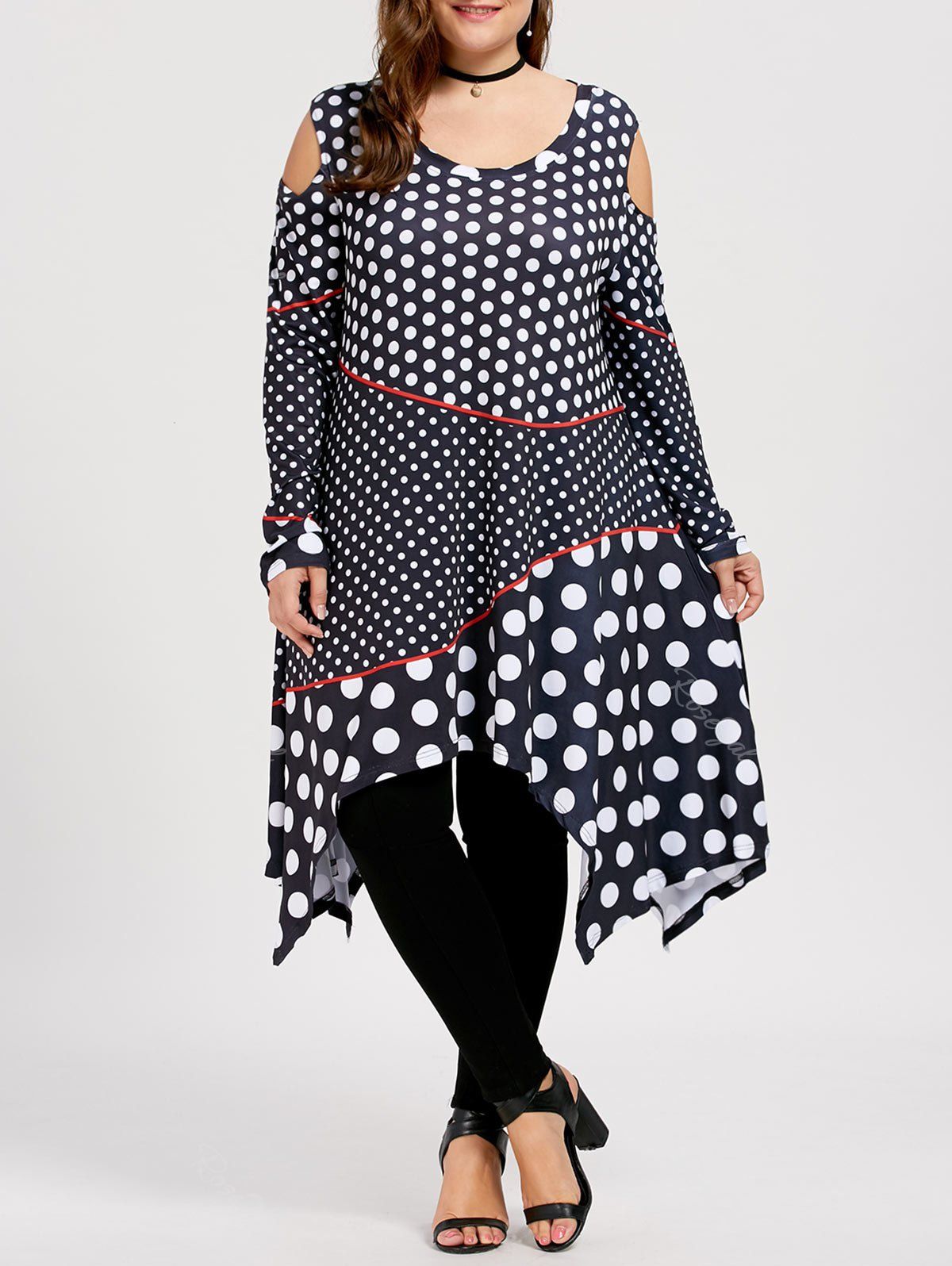 Open Shoulder Plus Size Polka Dot Top, Black