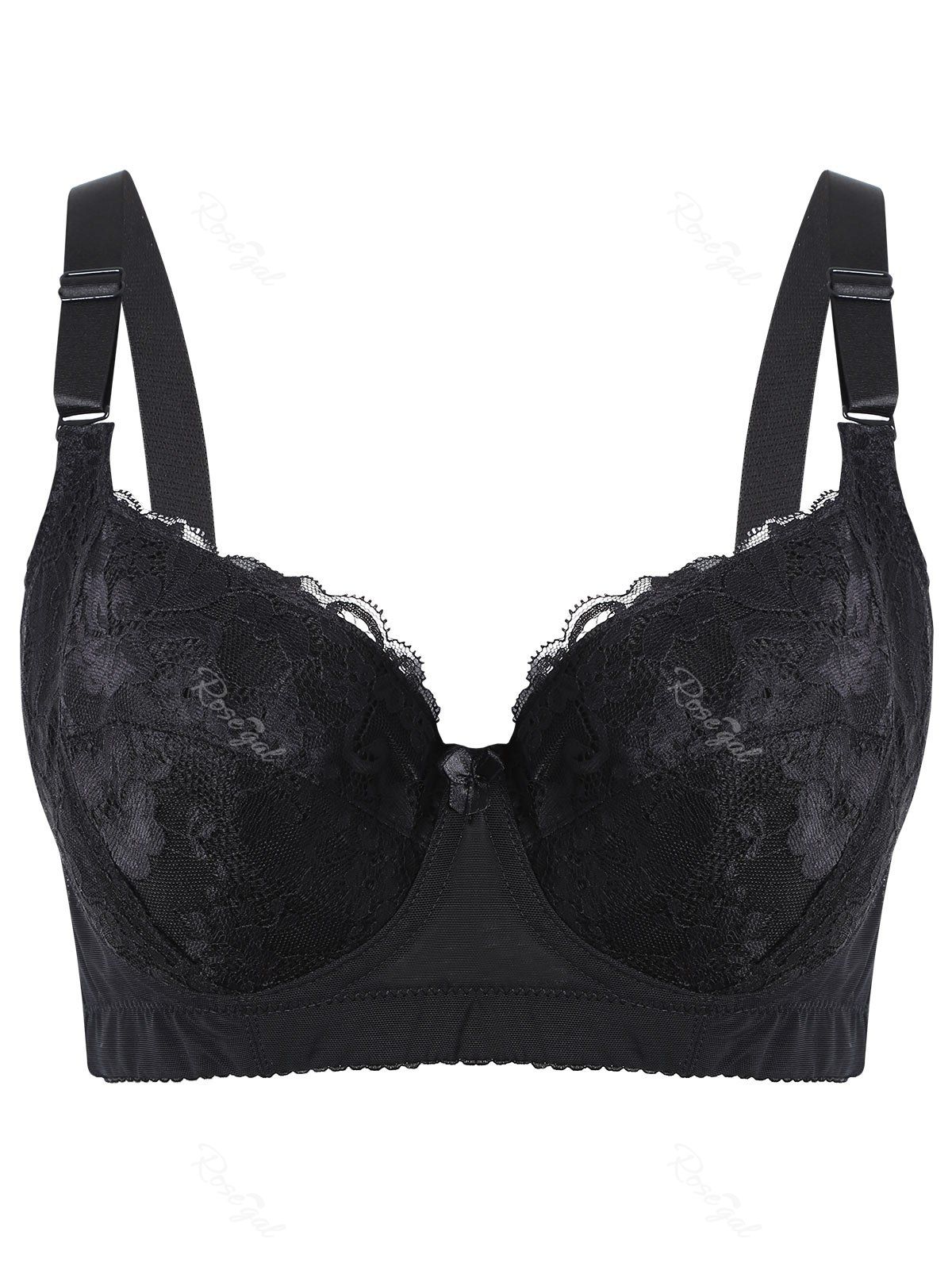 Plus Size Unlined Underwire Floral Lace Panel Bra, Black