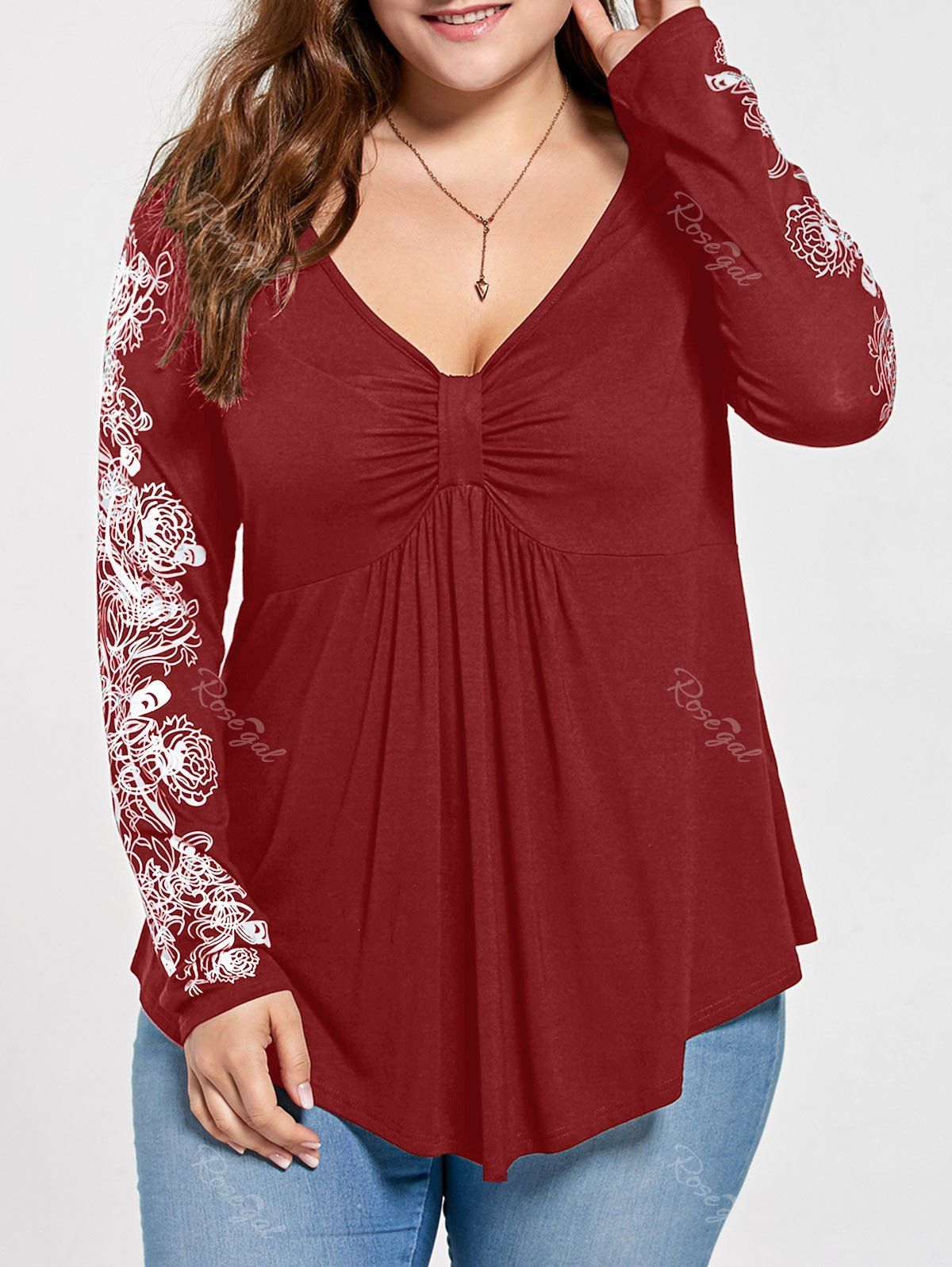 

Floral Pattern Long Sleeve Plus Size Draped T-shirt, Red