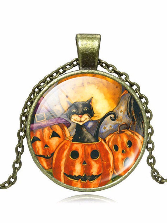 

Devil Halloween Pumpkin Cat Pendant Necklace, Bronze