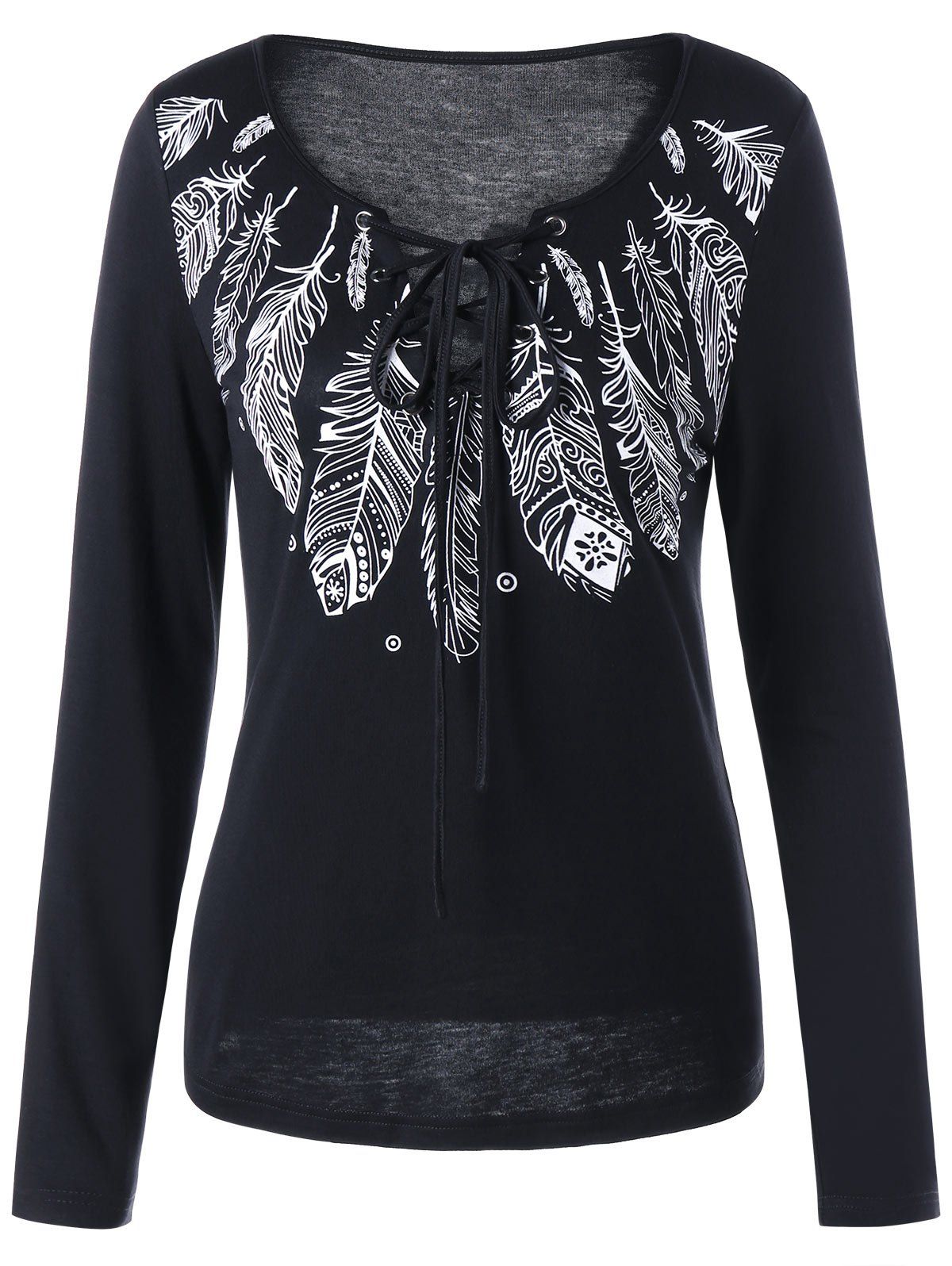 Feather Print Lace Up Graphic T-shirt, Black