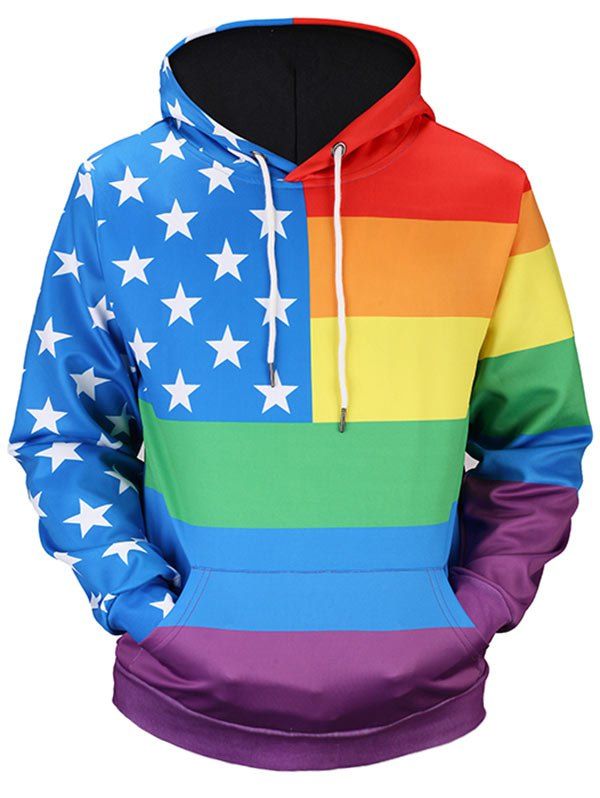 Kangaroo Pocket Rainbow Stripe Star Hoodie, Colormix