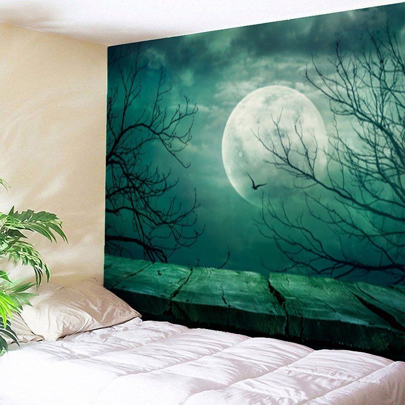 Wall Art Halloween Tree Branch Moon Tapestry, Green