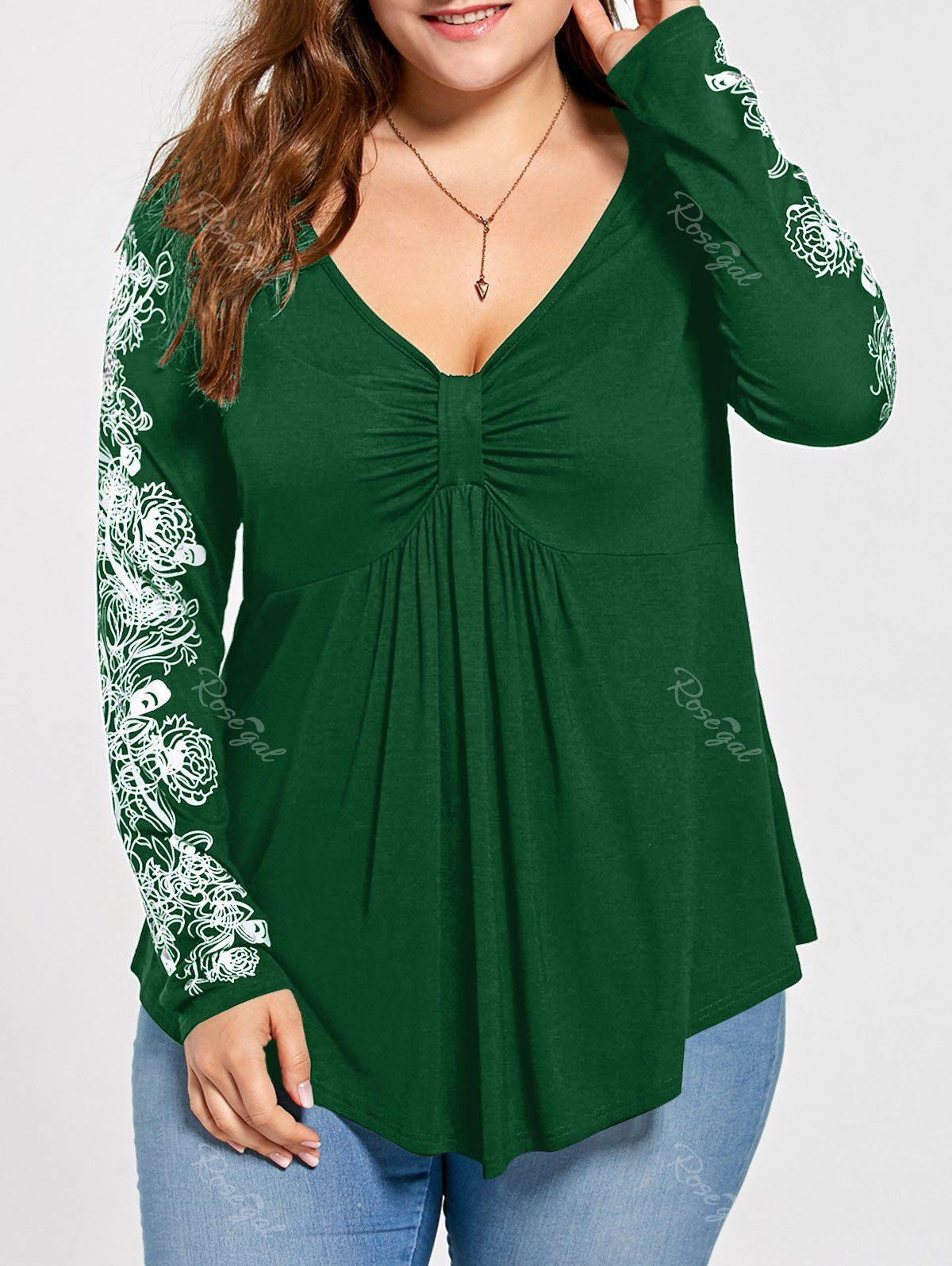 

Floral Pattern Long Sleeve Plus Size Draped T-shirt, Deep green