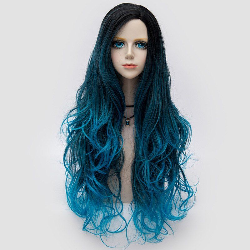 

Long Side Parting Shaggy Layered Wavy Ombre Synthetic Party Wig, Cerulean