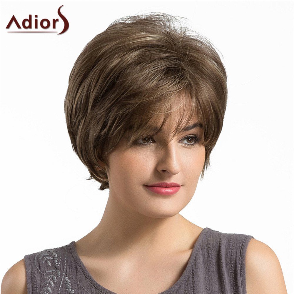 

Adiors Short Side Bang Fluffy Layered Elegant Straight Synthetic Wig, Brown