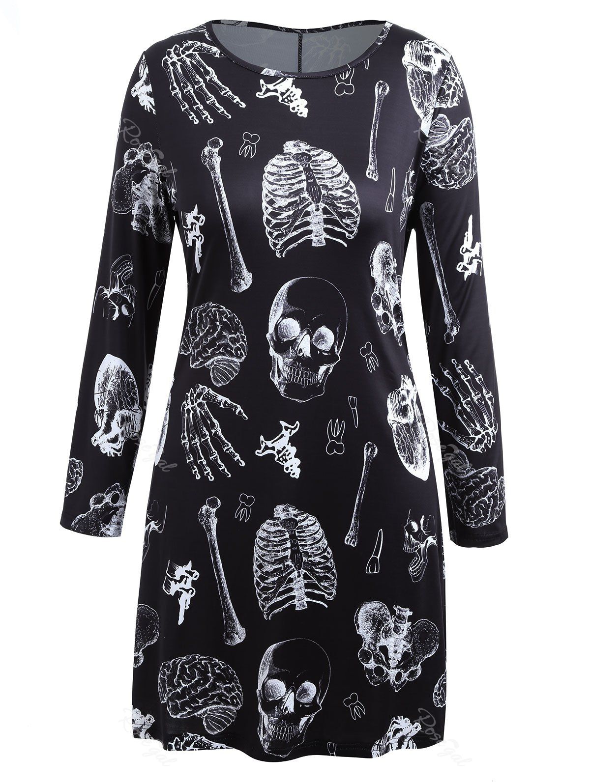 

Plus Size Long Sleeve Halloween Skeleton T-shirt Dress, Black