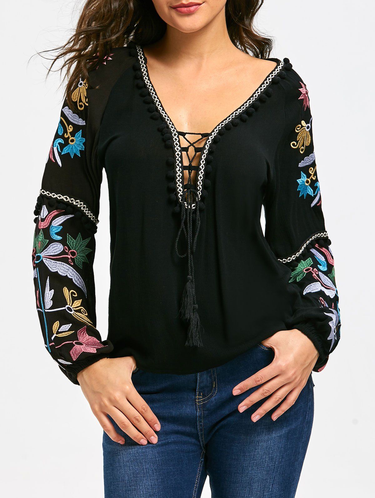 Lace Up Balls Trim Floral Embroidered T-shirt, Black 
Lace Up Balls Trim Floral Embroidered T-shirt, Black