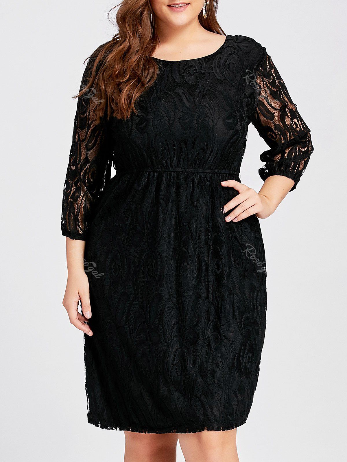 Cutout Empire Waist Plus Size Lace Dress, Black