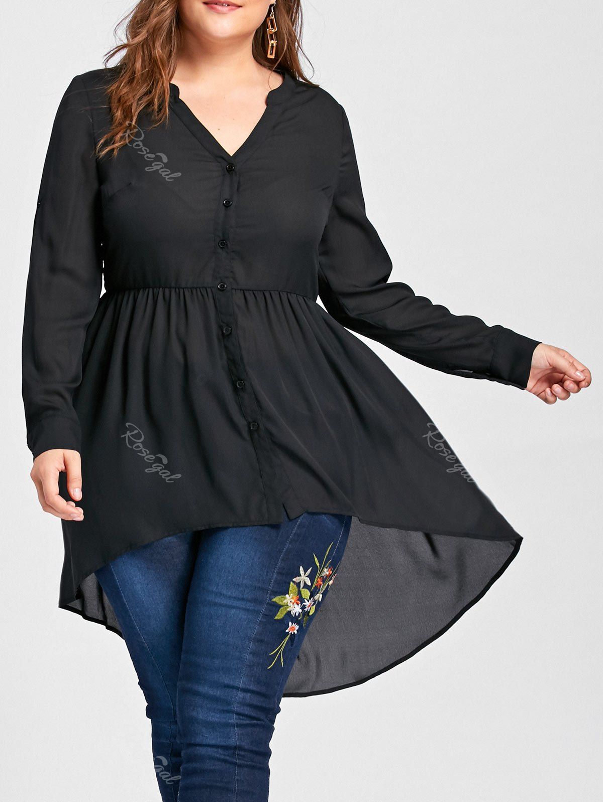 V Neck High Low Plus Size Tunic Blouse, Black