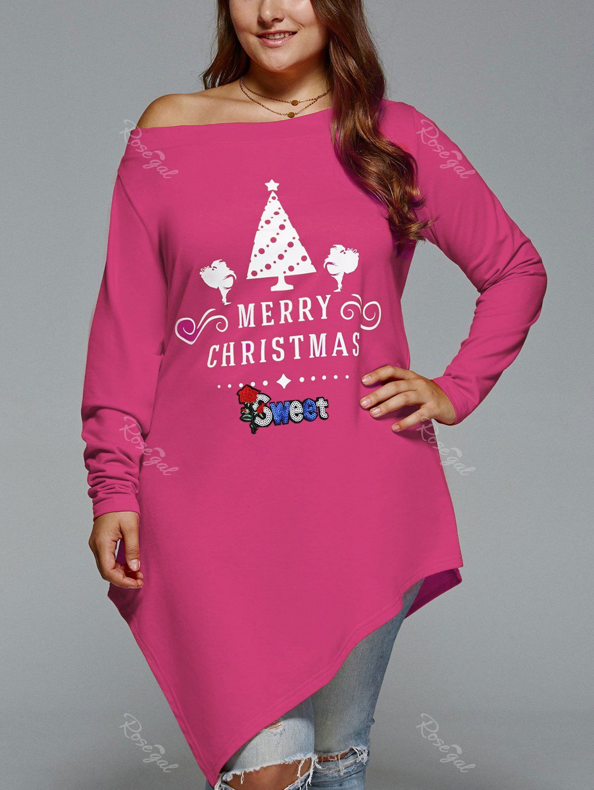 

Christmas Skew Neck Plus Size Asymmetrical T-shirt, Tutti frutti