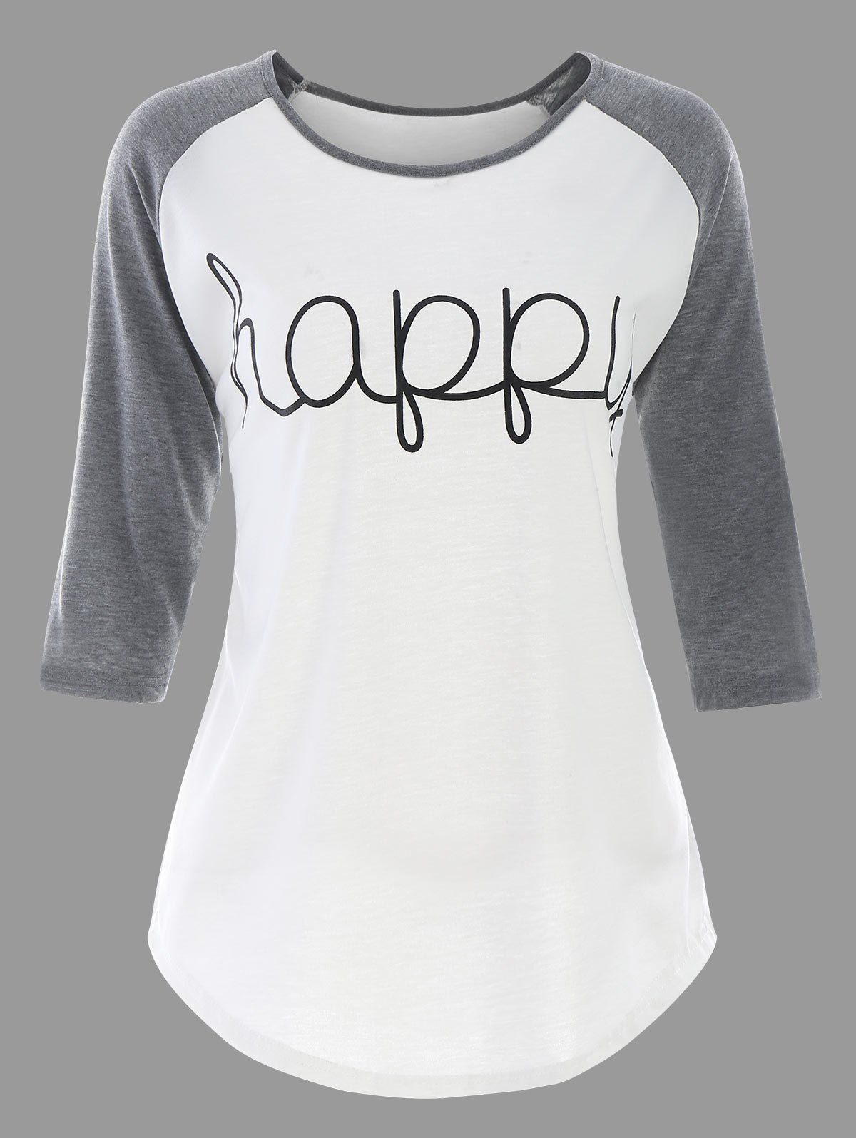 Plus Size Happy Raglan Sleeve Baseball T-shirt, White