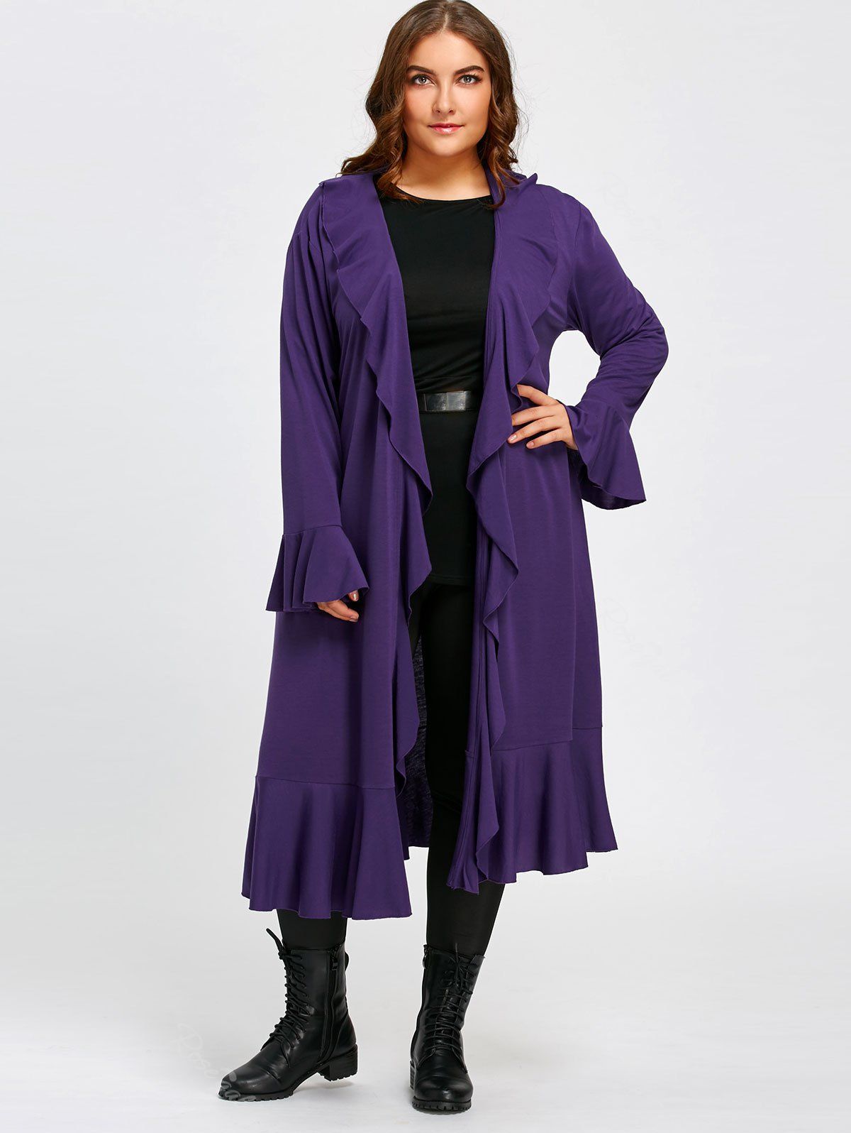 Ruffles Open Front Plus Size Long Coat, Purple