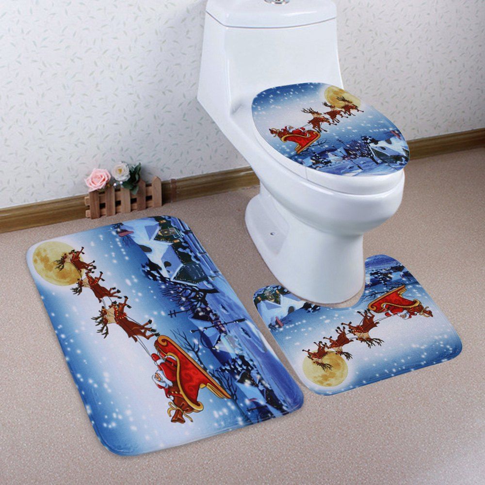 

3Pcs Christmas Sled Moon Toilet Bath Mats Set, Cloudy