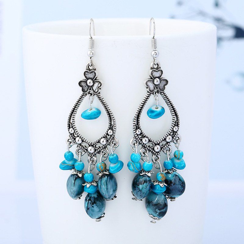 

Beaded Tassel Bohemia Flower Design Dangle Earrings, Blue