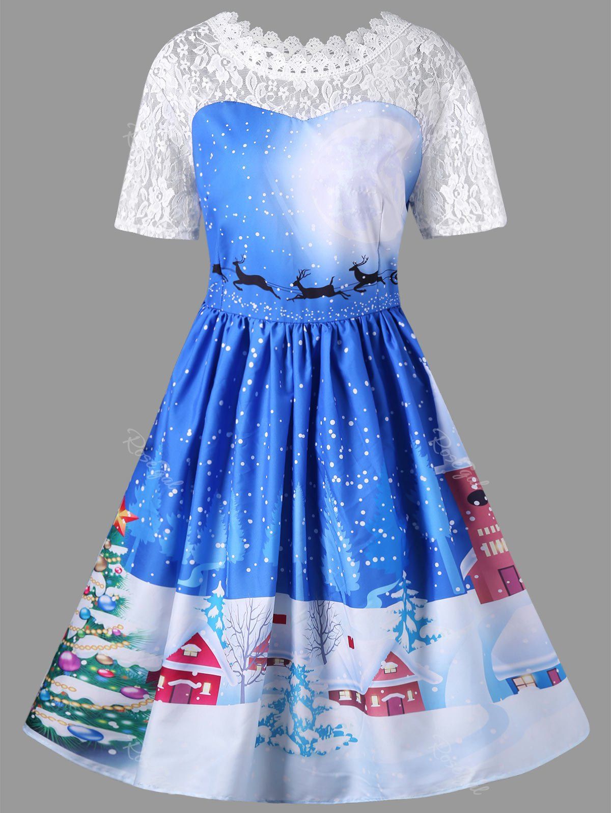 

Christmas Plus Size Lace Yoke Vintage Swing Dress, Blue