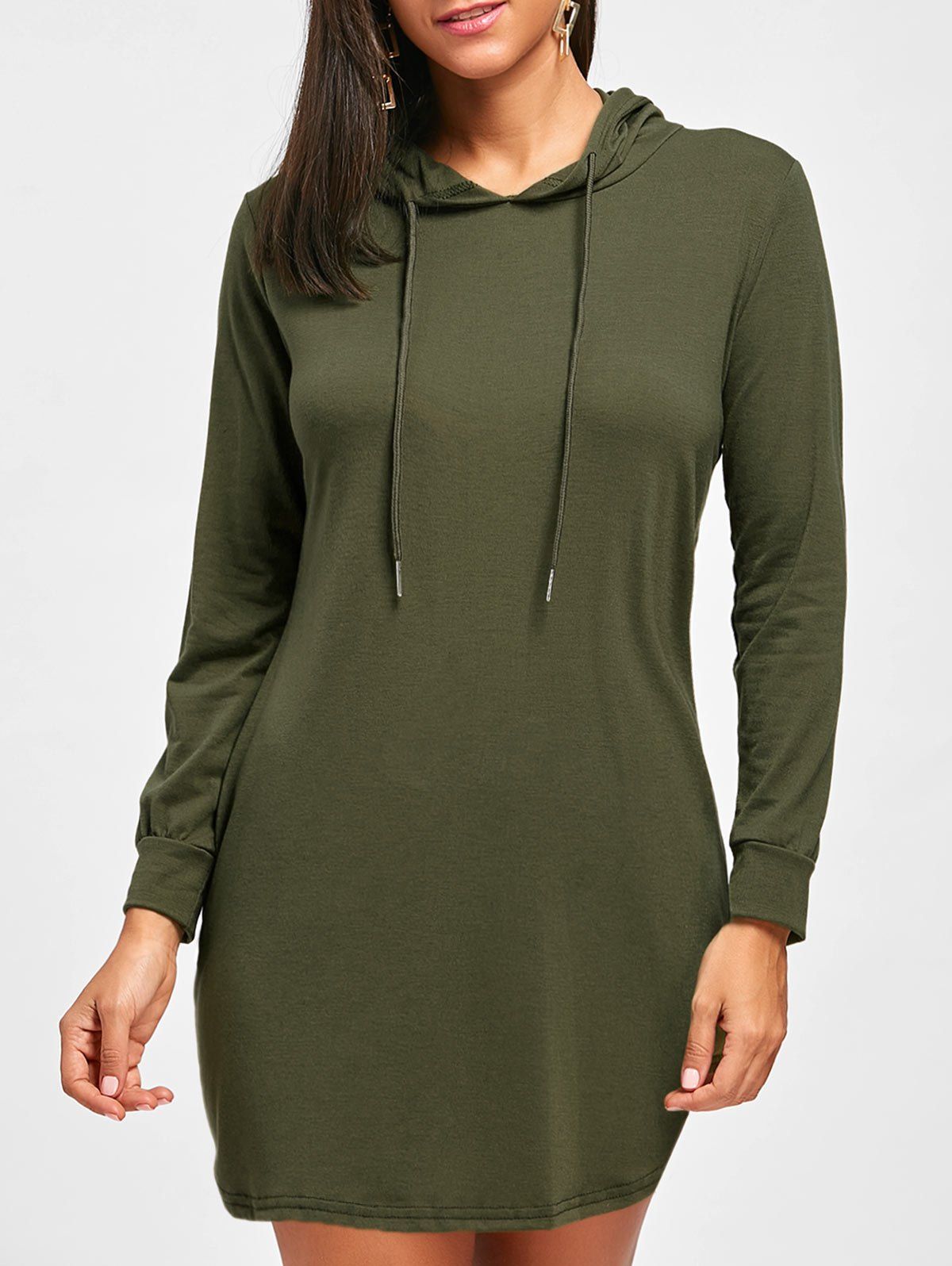 Draswtring Long Sleeve Hooded Dress, Army green