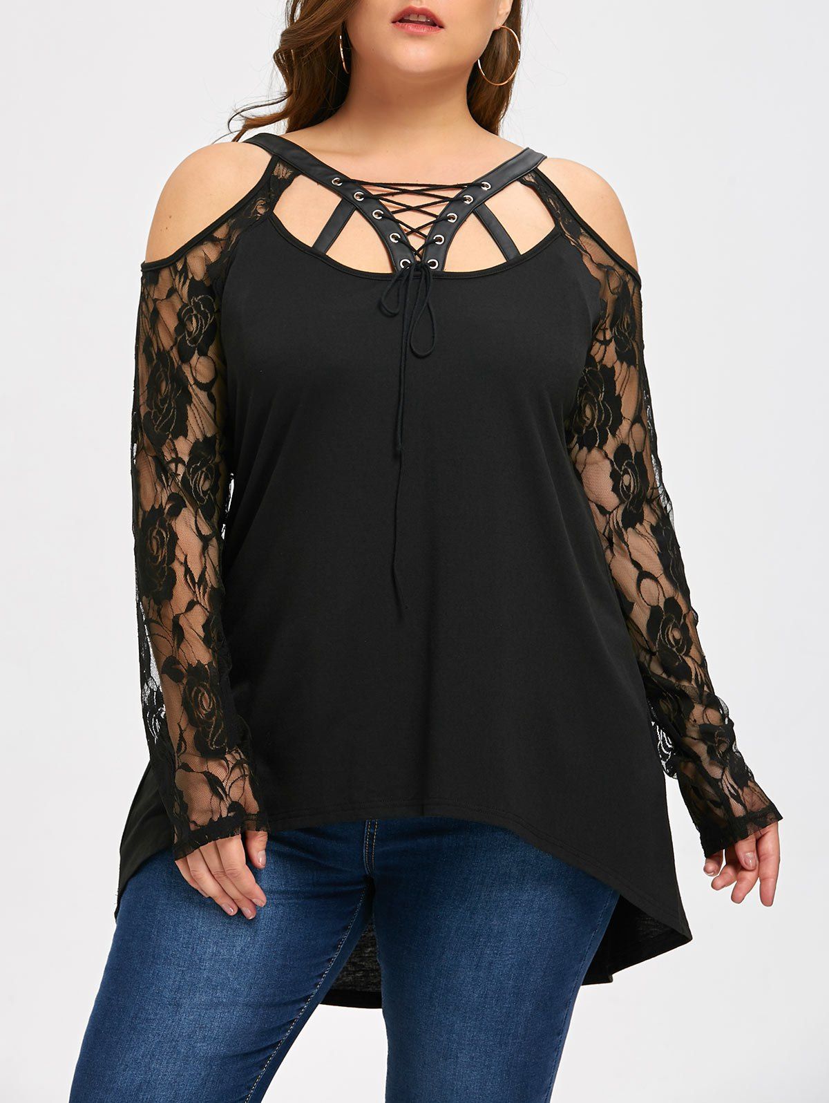 Off Halloween Plus Size Lace Trim Cold Shoulder Top Rosegal