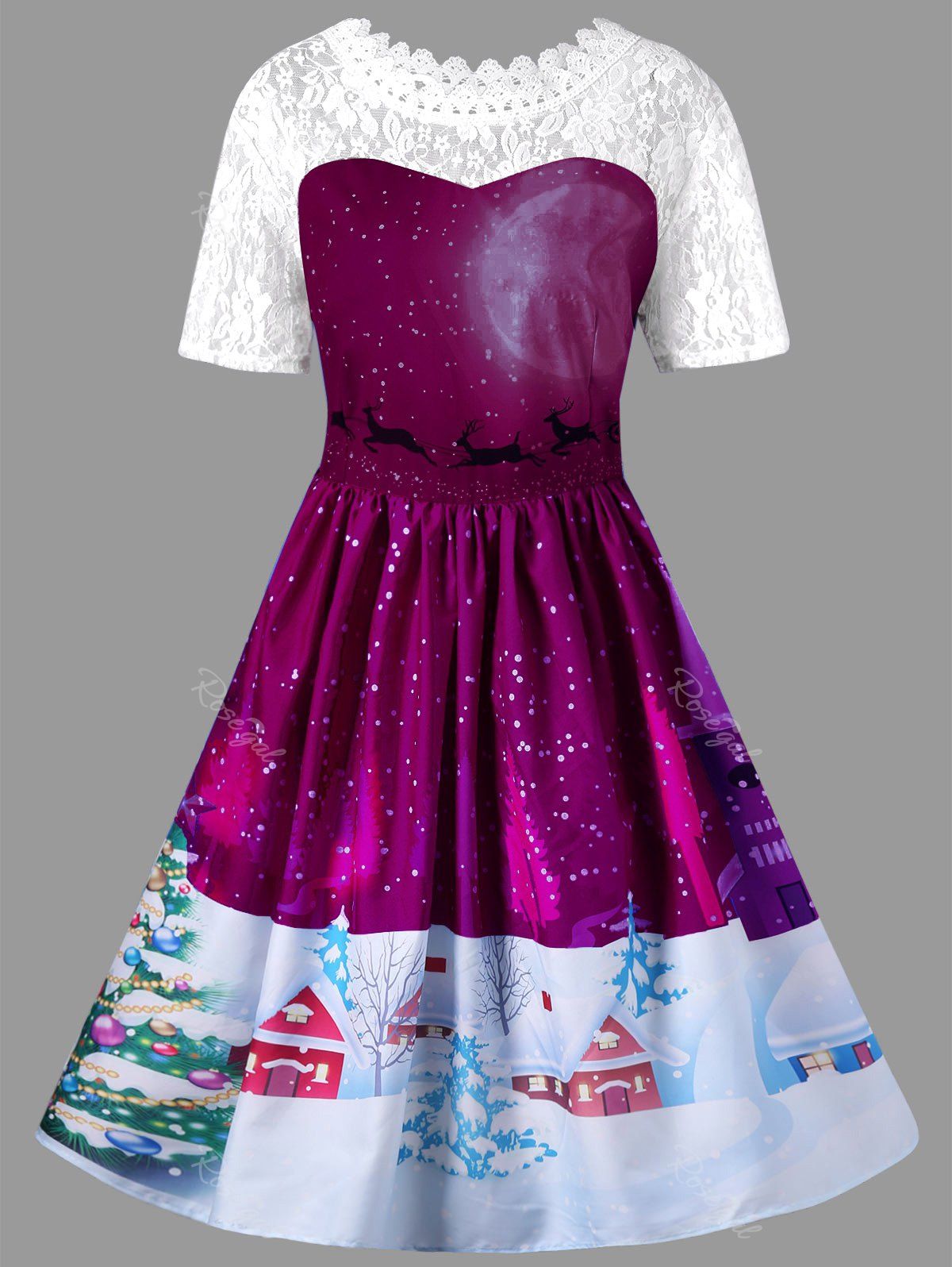 

Christmas Plus Size Lace Yoke Vintage Swing Dress, Purple