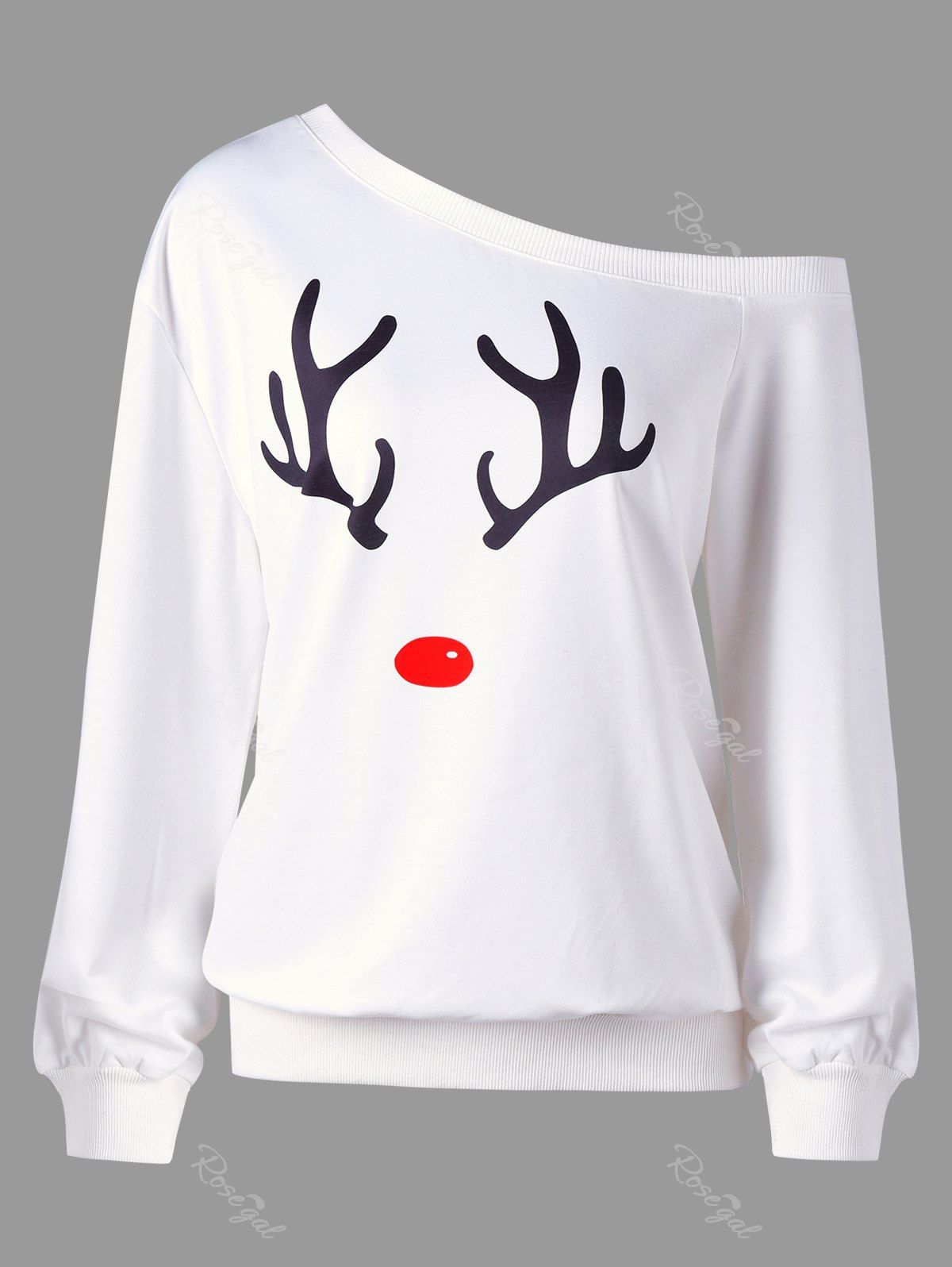 

Plus Size Christmas Reindeer Skew Collar Sweatshirt, White