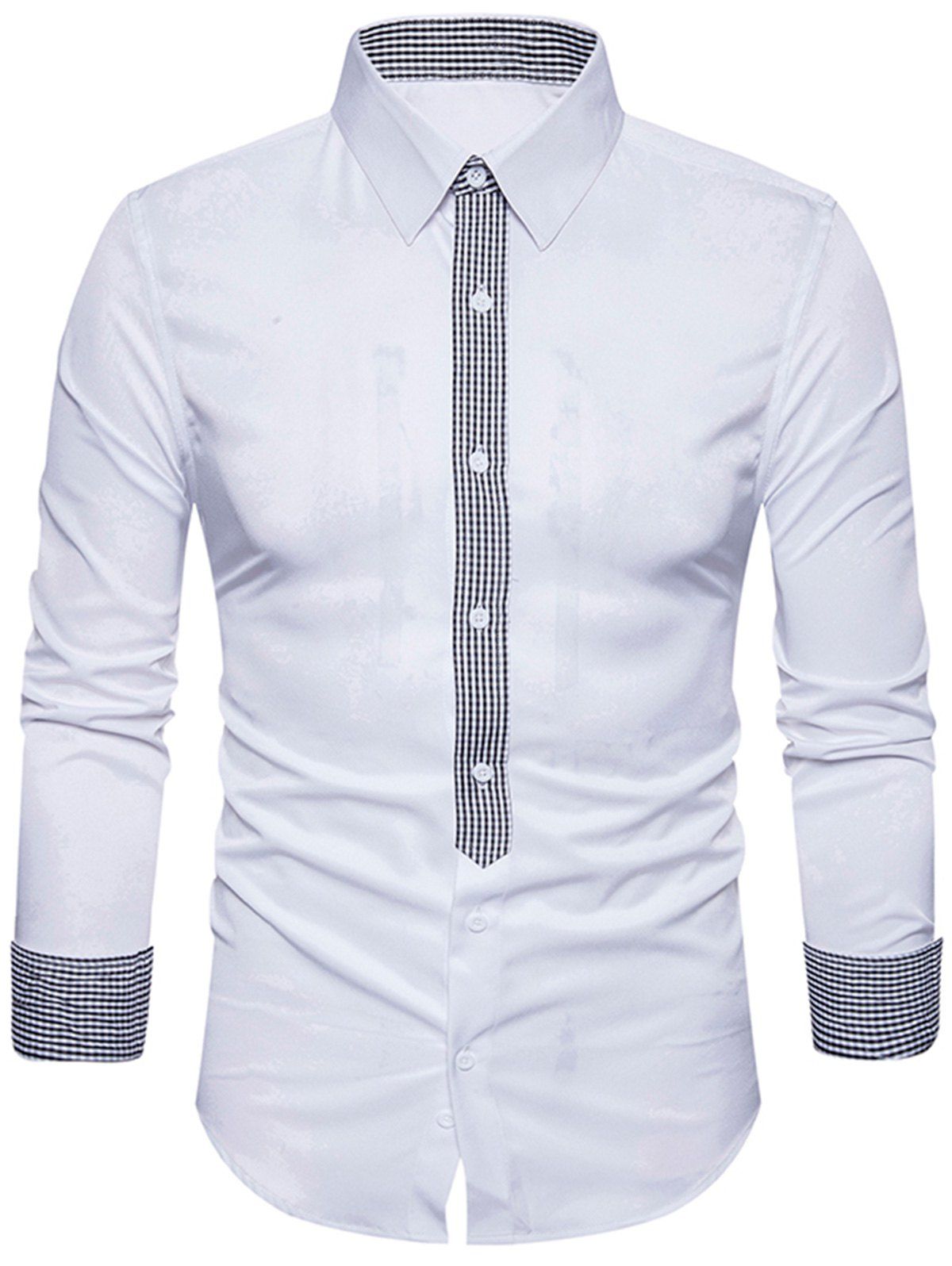 Long Sleeve Plaid Print Panel Shirt, White