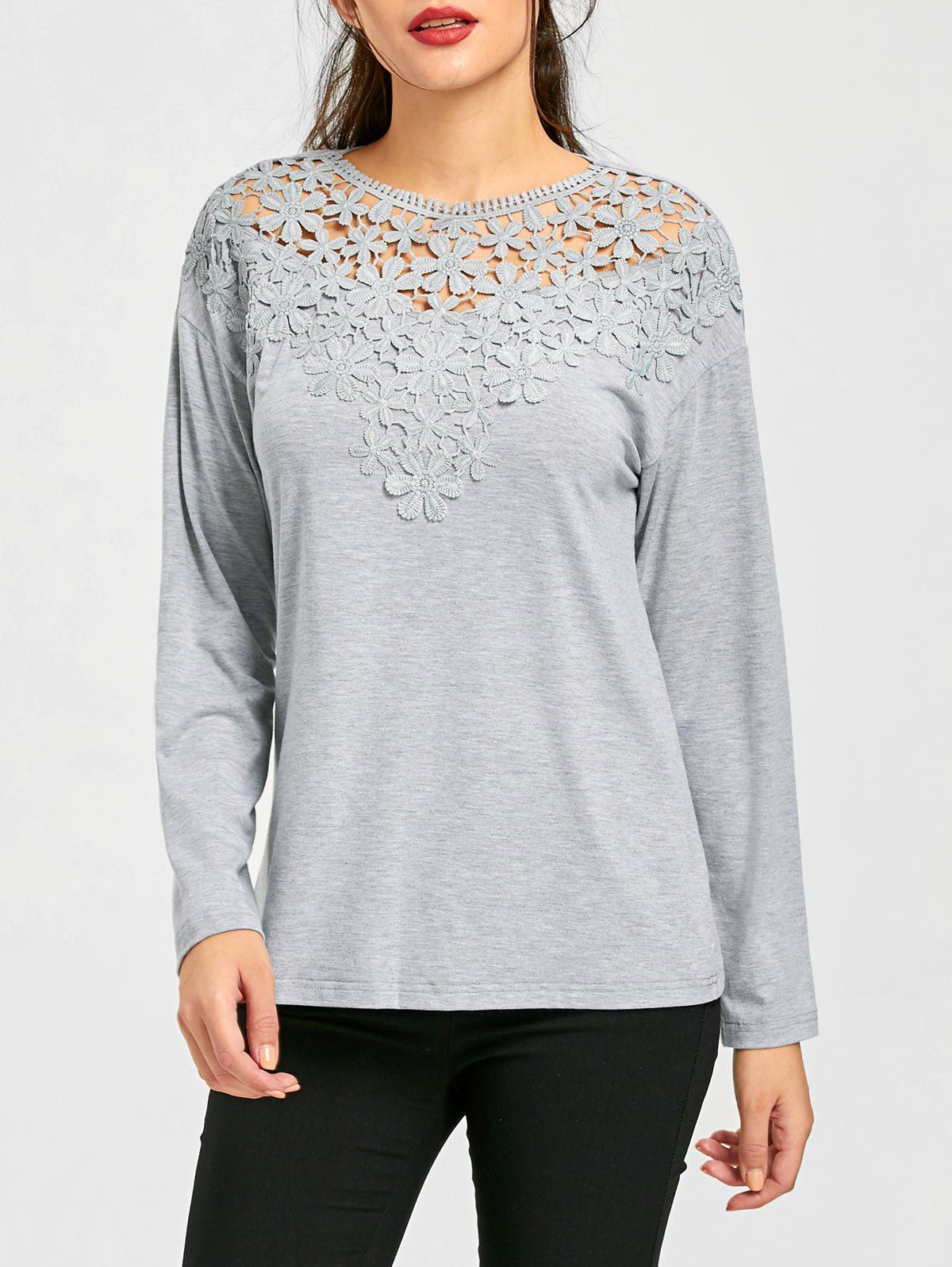 Lace Panel Cutwork Marled Top, Gray