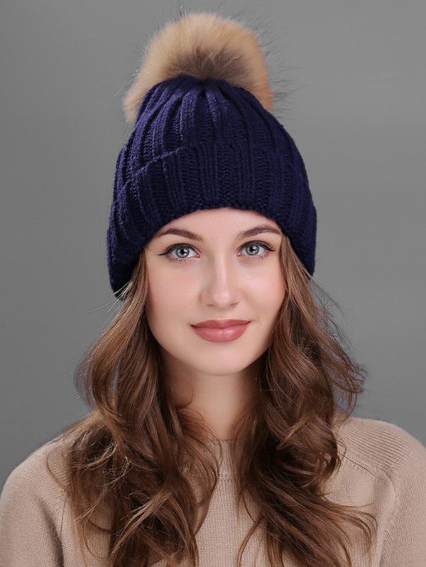 

Outdoor Flanging Fur Pom Ball Knited Beanie, Cadetblue