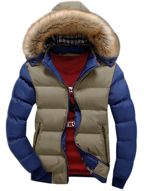 

Detachable Faux Fur Hood Zip Up Two Tone Quilted Jacket, Khaki