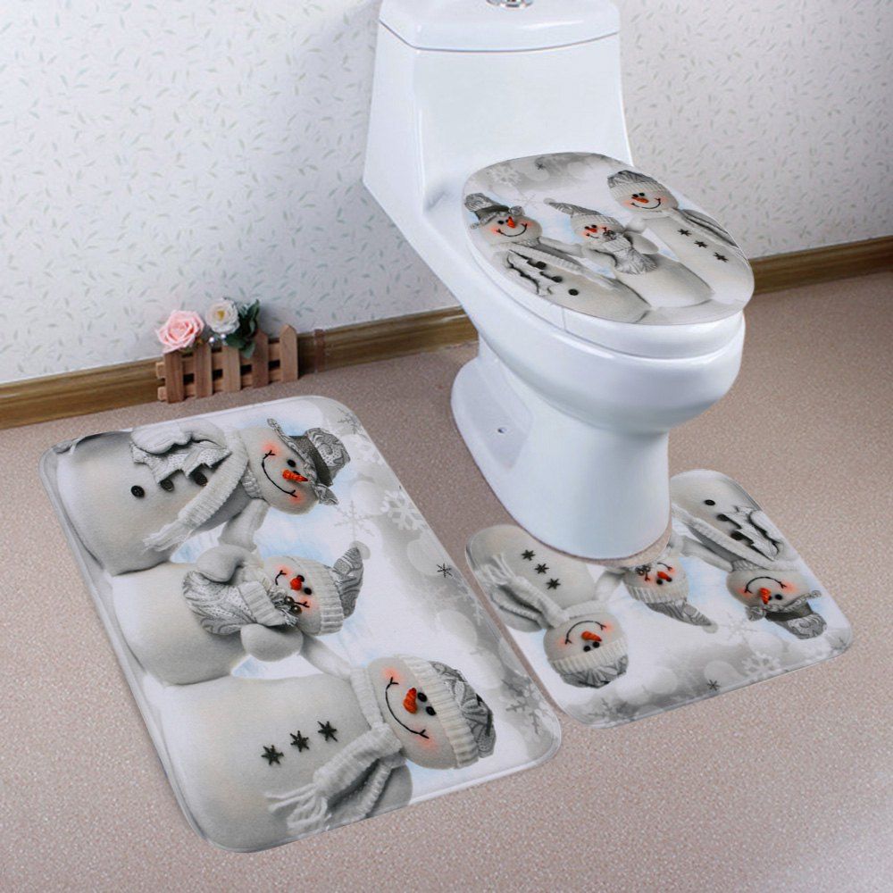 

Christmas Snowmen Family Pattern 3 Pcs Bath Mat Toilet Mat, Grey white