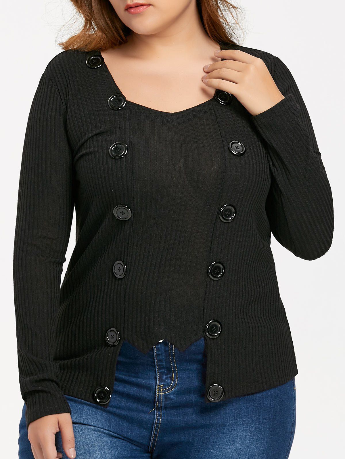 Ribbed Plus Size Double Button Sweater, Black