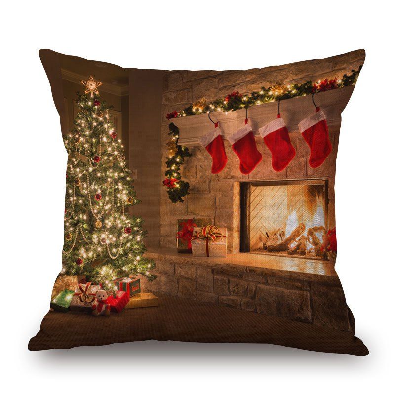 

Christmas Tree Fireplace Print Pillowcase, Brown