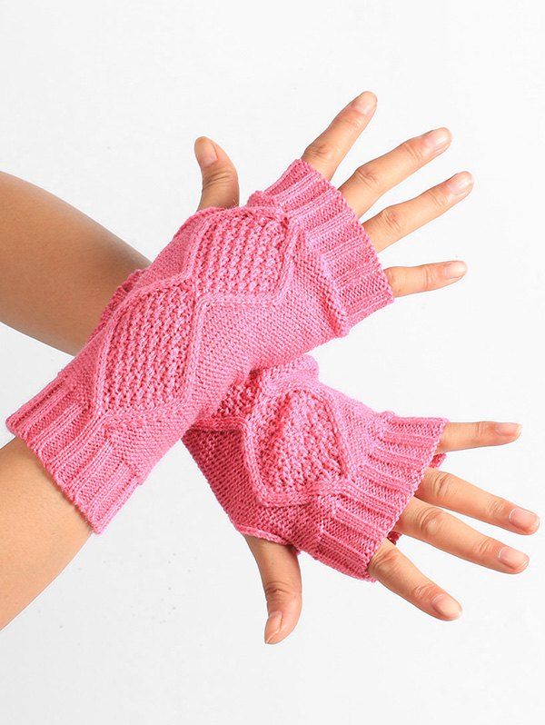 

Rhombus Stripe Crochet Knitted Exposed Finger Gloves, Pink