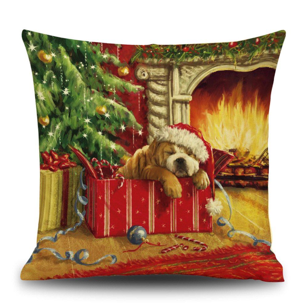

Christmas Fireplace Dog Print Decorative Linen Pillowcase, Colormix
