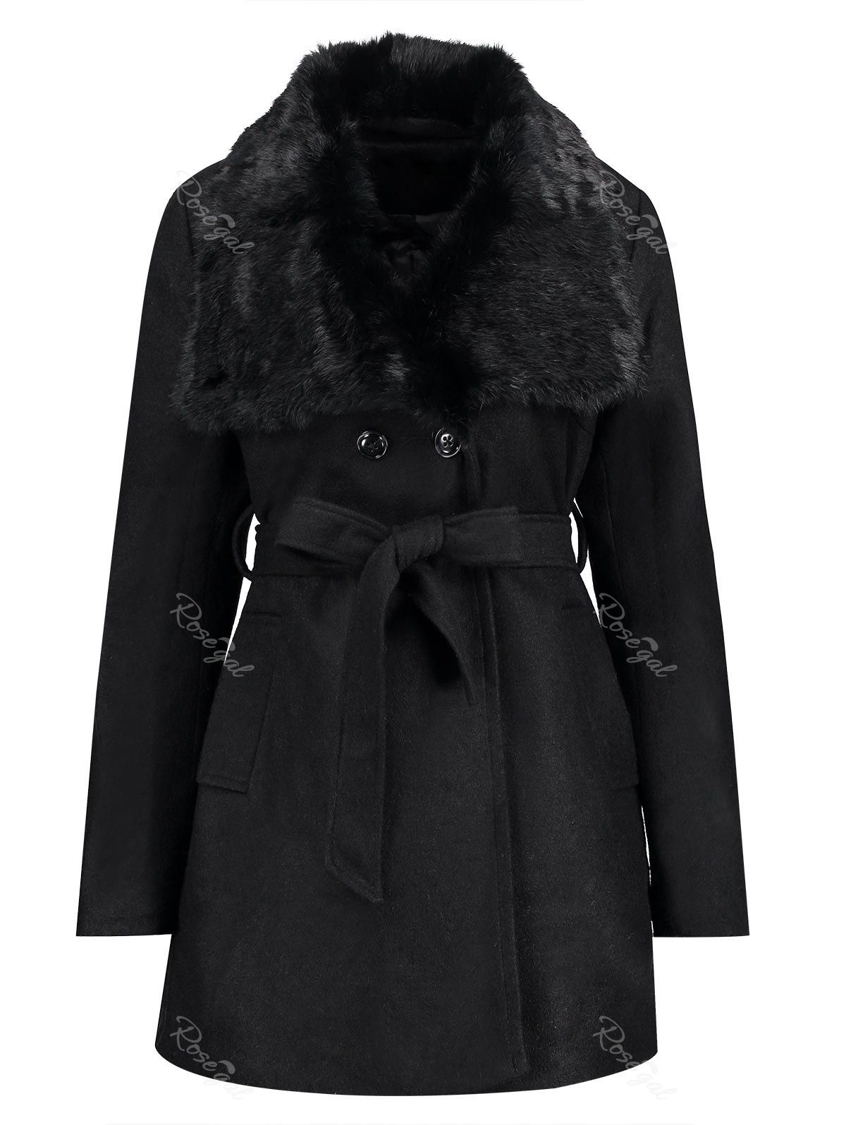 Plus Size Belted Fur Collar Coat, Black