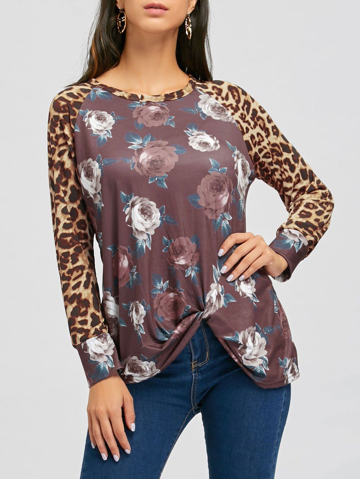 40 OFF Floral Print Leopard Raglan Sleeve Blouse Rosegal