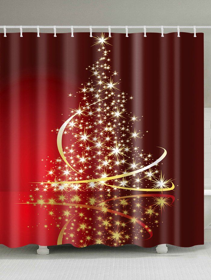 

Christmas Stars Tree Print Waterproof Bathroom Shower Curtain, Red
