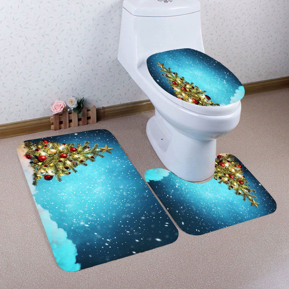 3Pcs Snowy Christmas Tree Patterned Toilet Bath Mat Set, Colorful