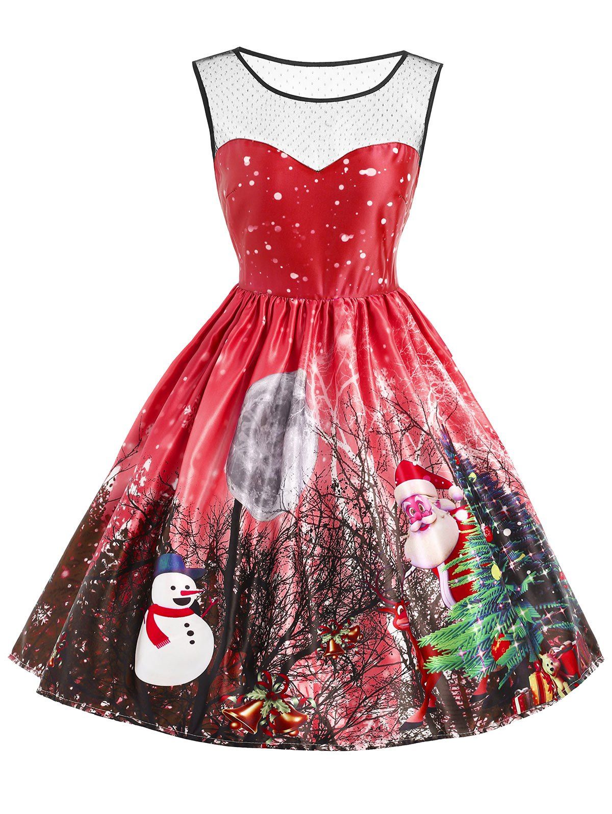 Christmas Santa Claus Snowman Mesh Insert Dress, Red